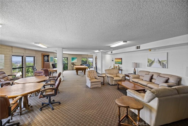 2700 E Panorama Dr Unit 208, Signal Hill, CA 90755 - carpeted living area featuring a textured ceiling and billiards