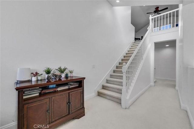 7059 E Monaco, Orange, CA 92867 - stairs featuring ceiling fan, carpet, recessed lighting, and a high ceiling