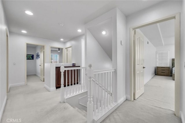 7059 E Monaco, Orange, CA 92867 - corridor with an upstairs landing, light carpet, and recessed lighting