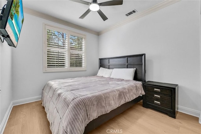 7059 E Monaco, Orange, CA 92867 - bedroom with light wood-type flooring, ornamental molding, and ceiling fan