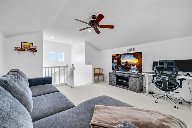 7059 E Monaco, Orange, CA 92867 - living area featuring vaulted ceiling, carpet flooring, a ceiling fan, and recessed lighting