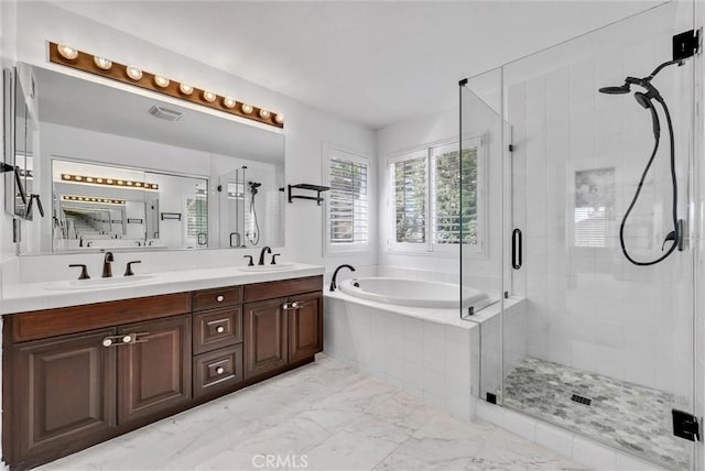 7059 E Monaco, Orange, CA 92867 - bathroom featuring double vanity, a bath, a stall shower, and marble look tile flooring