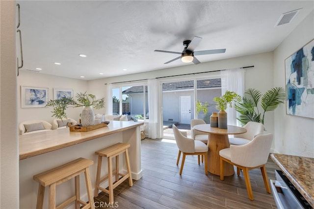 2302 Cayuga Ave, Placentia, CA 92870 - dining area featuring ceiling fan, wood finished floors, and recessed lighting