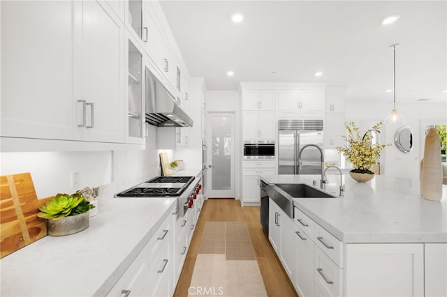 56 Cartwheel, Irvine, CA 92618 - kitchen with appliances with stainless steel finishes, extractor fan, white cabinets, light wood-type flooring, and recessed lighting