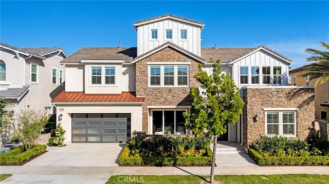 56 Cartwheel, Irvine, CA 92618 - view of front of house featuring board and batten siding, stone siding, concrete driveway, and an attached garage