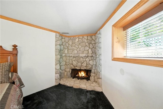 1125 Indian Springs Dr, Glendora, CA 91741 - carpeted living room featuring crown molding and a stone fireplace