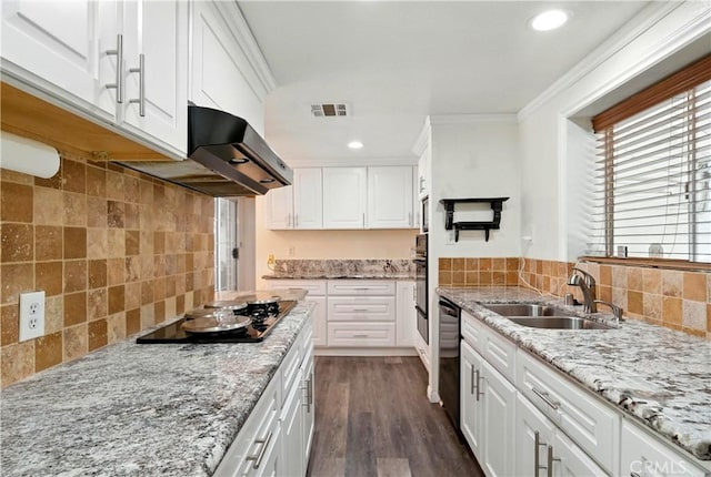 1125 Indian Springs Dr, Glendora, CA 91741 - kitchen with black appliances, island range hood, white cabinetry, crown molding, and recessed lighting