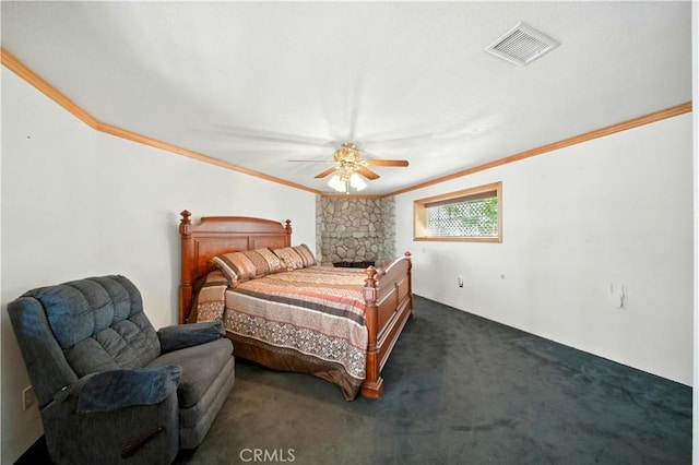 1125 Indian Springs Dr, Glendora, CA 91741 - carpeted bedroom featuring ornamental molding, ceiling fan, and a stone fireplace