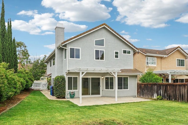 10559 Lansford Ln, San Diego, CA 92126 - rear view of house featuring a pergola, a chimney, stucco siding, a fenced backyard, and a patio
