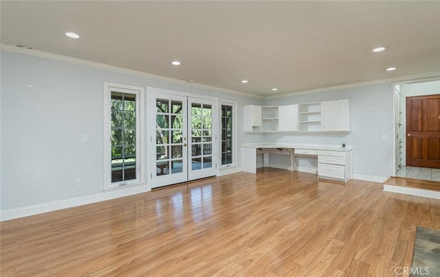 1835 Las Flores Dr, Glendale, CA 91207 - unfurnished living room featuring ornamental molding, recessed lighting, light wood-style flooring, and built in study area