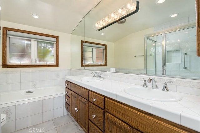 1835 Las Flores Dr, Glendale, CA 91207 - bathroom with double vanity, tile patterned flooring, a bath, a stall shower, and recessed lighting