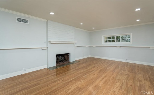 1835 Las Flores Dr, Glendale, CA 91207 - unfurnished living room with ornamental molding, recessed lighting, a large fireplace, and wood finished floors