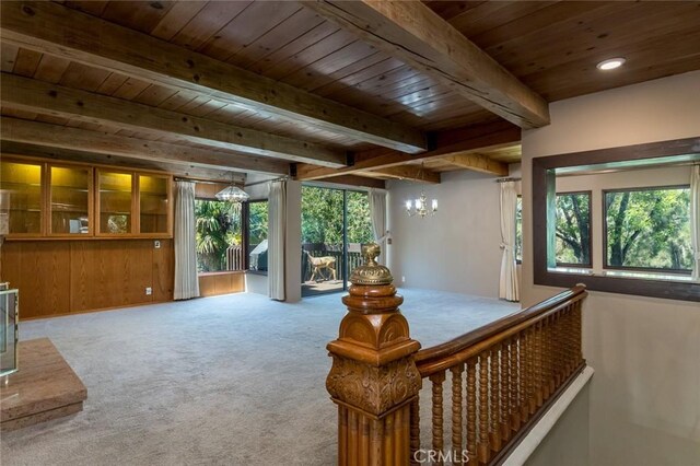 1835 Las Flores Dr, Glendale, CA 91207 - hallway with a wooden ceiling with exposed beams, carpet, a chandelier, and recessed lighting