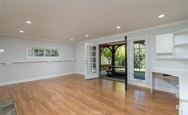 1835 Las Flores Dr, Glendale, CA 91207 - unfurnished living room with recessed lighting, ornamental molding, and light wood-type flooring