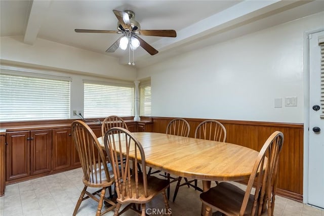 1835 Las Flores Dr, Glendale, CA 91207 - dining room with wainscoting, a ceiling fan, and wooden walls