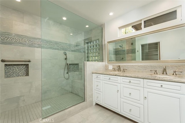 1835 Las Flores Dr, Glendale, CA 91207 - bathroom with walk in shower, double vanity, recessed lighting, and tile patterned floors