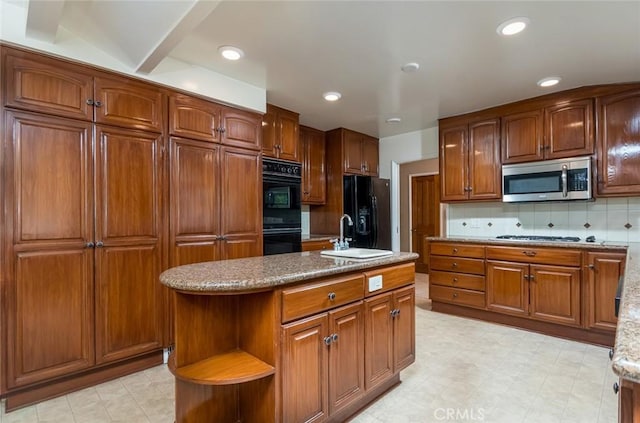 1835 Las Flores Dr, Glendale, CA 91207 - kitchen featuring black appliances, backsplash, a center island with sink, brown cabinets, and recessed lighting