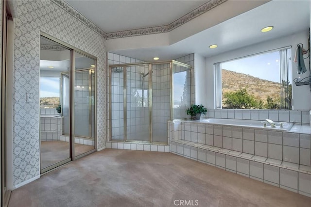 18032 Ohna Rd, Apple Valley, CA 92307 - full bathroom featuring a bath, wallpapered walls, tiled shower, and recessed lighting