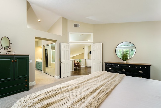 17 Springbrook Rd, Laguna Niguel, CA 92677 - bedroom featuring light colored carpet, connected bathroom, and high vaulted ceiling