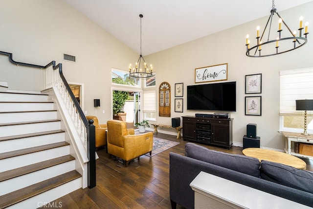 17 Springbrook Rd, Laguna Niguel, CA 92677 - living room featuring a chandelier, dark wood-type flooring, high vaulted ceiling, and stairway