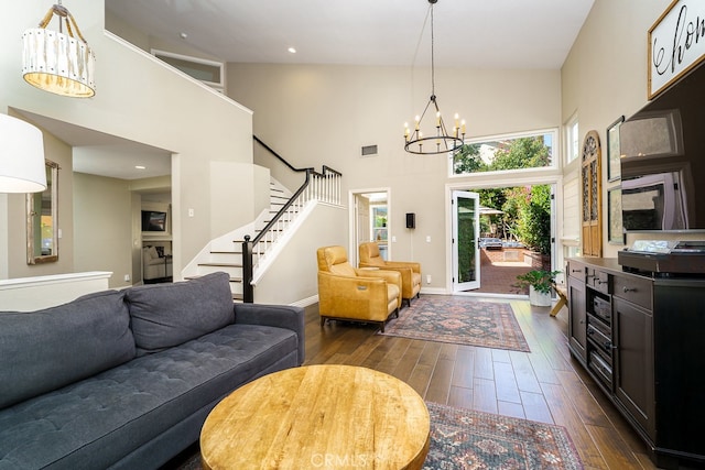17 Springbrook Rd, Laguna Niguel, CA 92677 - foyer entrance featuring a high ceiling, dark wood-style flooring, a chandelier, stairs, and recessed lighting