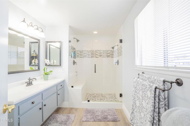 1584 Prima Ct, Camarillo, CA 93010 - full bathroom with a stall shower, vanity, and wood finished floors