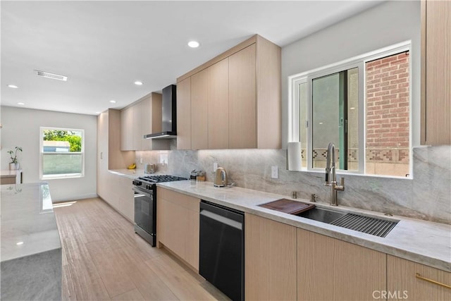 6832 Cantaloupe Ave, Van Nuys, CA 91405 - kitchen featuring high end range, dishwasher, wall chimney range hood, modern cabinets, and recessed lighting