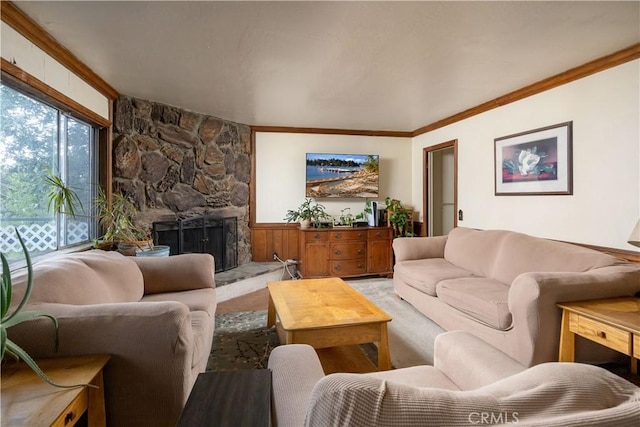 27786 Matterhorn Dr, Lake Arrowhead, CA 92352 - living room featuring ornamental molding and a fireplace