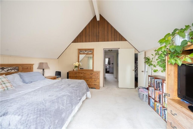 27786 Matterhorn Dr, Lake Arrowhead, CA 92352 - bedroom featuring light carpet and wood walls