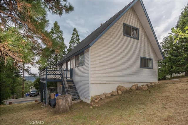 27786 Matterhorn Dr, Lake Arrowhead, CA 92352 - view of property exterior with stairs and a wooden deck