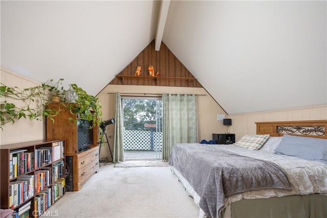 27786 Matterhorn Dr, Lake Arrowhead, CA 92352 - bedroom featuring access to outside, carpet flooring, and wood walls