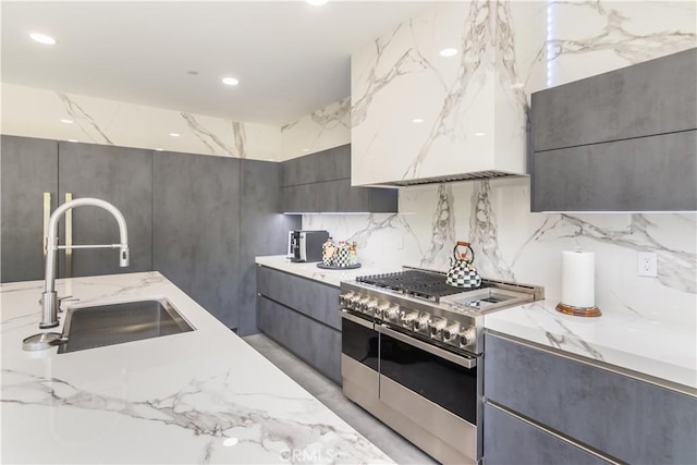 18824 Juniper Springs Dr, Canyon Country, CA 91321 - kitchen featuring range with two ovens, gray cabinets, modern cabinets, and recessed lighting