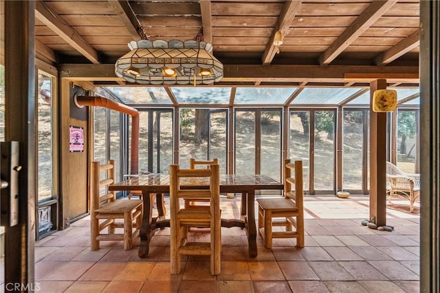31039 Hasley Canyon Rd, Castaic, CA 91384 - sunroom / solarium featuring a wood ceiling with exposed beams and outdoor dining area