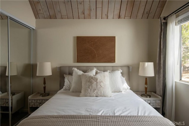 832 Rhine Rd, Lake Arrowhead, CA 92352 - bedroom with wood ceiling, a closet, and lofted ceiling