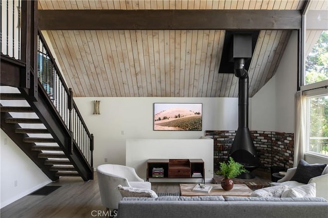 832 Rhine Rd, Lake Arrowhead, CA 92352 - living room with a wood stove, wood ceiling, wood finished floors, and stairway