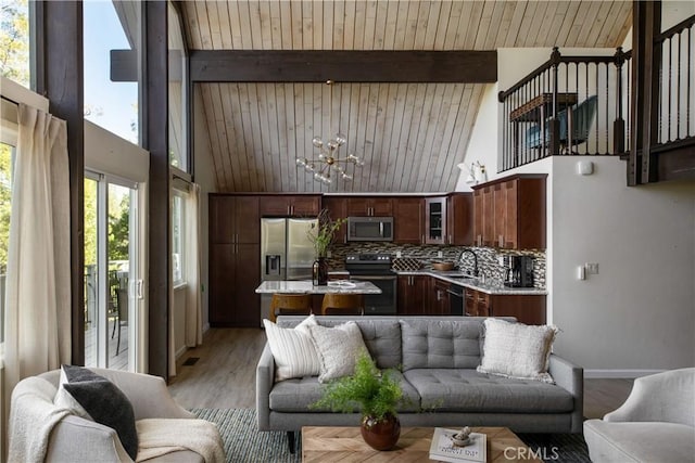 832 Rhine Rd, Lake Arrowhead, CA 92352 - living area with high vaulted ceiling, beam ceiling, a chandelier, and light wood-type flooring