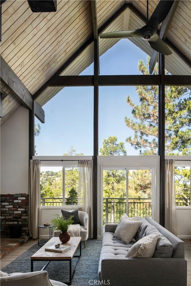 832 Rhine Rd, Lake Arrowhead, CA 92352 - sunroom featuring high vaulted ceiling and a wood ceiling with exposed beams