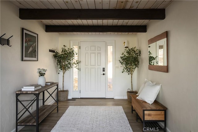 832 Rhine Rd, Lake Arrowhead, CA 92352 - foyer entrance with a wooden ceiling with exposed beams, healthy amount of natural light, and wood finished floors