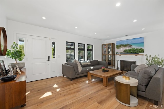 2329 Vineyard Ave, Los Angeles, CA 90016 - living room with light wood-style flooring, recessed lighting, and a fireplace