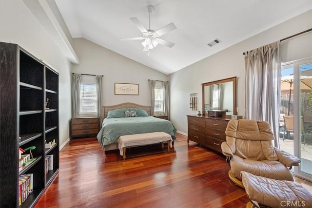 109 W Chestnut St, Nipomo, CA 93444 - bedroom featuring access to outside, dark wood-type flooring, lofted ceiling, and ceiling fan
