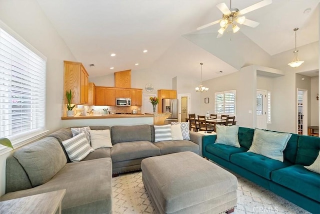 109 W Chestnut St, Nipomo, CA 93444 - living area with a chandelier, high vaulted ceiling, ceiling fan, and recessed lighting