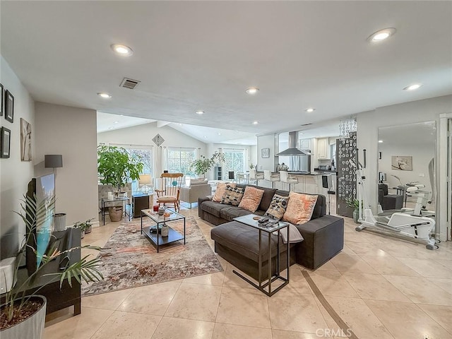 24017 Sylvan St, Woodland Hills, CA 91367 - living room featuring light tile patterned flooring, lofted ceiling, and recessed lighting