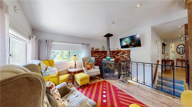 23728 Manzanita Dr, Crestline, CA 92325 - living room with wood finished floors and lofted ceiling