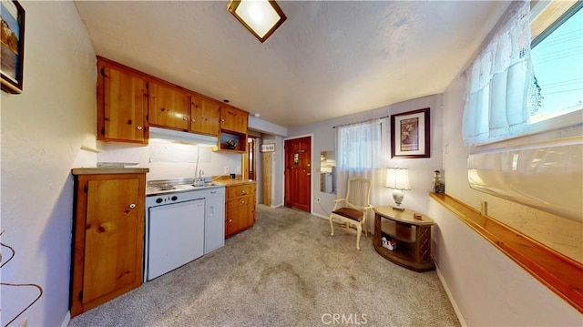 23728 Manzanita Dr, Crestline, CA 92325 - kitchen featuring brown cabinetry, dishwashing machine, light carpet, and light countertops