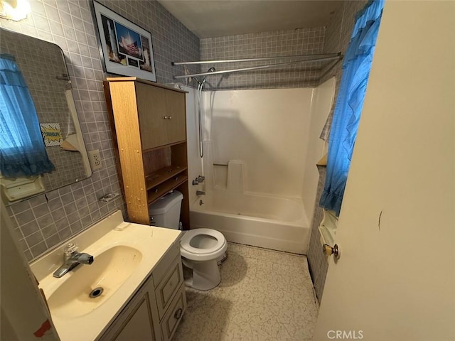2073 Sandalwood Dr, Santa Maria, CA 93455 - full bathroom with shower / bathtub combination with curtain, vanity, tile walls, and decorative backsplash