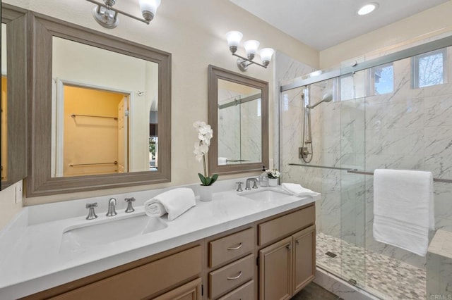 6104 Citracado Cir, Carlsbad, CA 92009 - full bathroom with double vanity and a marble finish shower