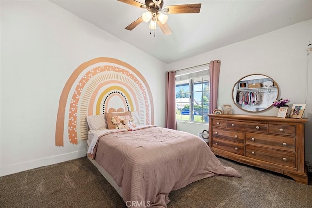 27724 Crookshank Dr, Saugus, CA 91350 - bedroom featuring carpet floors, vaulted ceiling, and ceiling fan