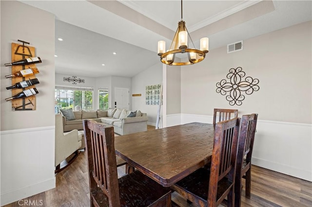 27724 Crookshank Dr, Saugus, CA 91350 - dining space with a chandelier, wood finished floors, a wainscoted wall, and recessed lighting