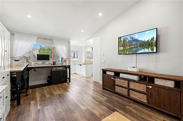 27724 Crookshank Dr, Saugus, CA 91350 - office area featuring wood finished floors, lofted ceiling, and recessed lighting