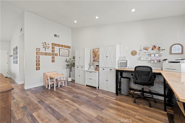 27724 Crookshank Dr, Saugus, CA 91350 - office area with wood finished floors, high vaulted ceiling, and recessed lighting